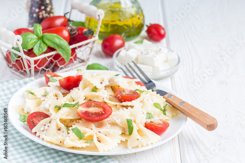 Pasta salad with tie pasta, feta cheese, tomatoes, mustard and basil, copy space, horizontal