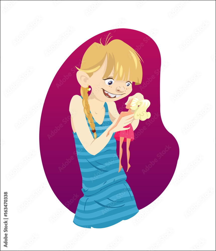 Digital vector funny cartoon happy malefic young blonde kid girl character with blue dress, playing with a doll, abstract flat style Digital vector funny cartoon happy malefic young blonde kid girl character with blue dress, playing with a doll, abstract flat style