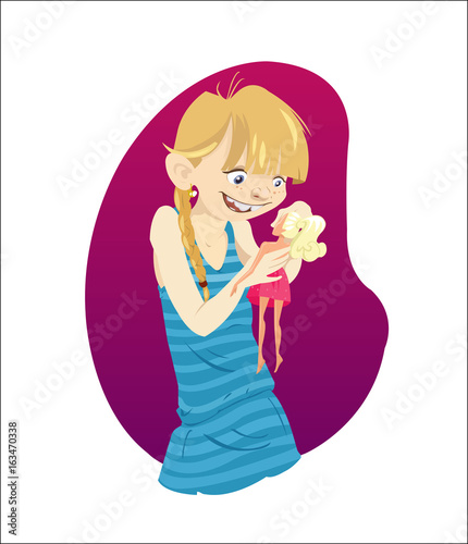 Digital vector funny cartoon happy malefic young blonde kid girl character with blue dress, playing with a doll, abstract flat style