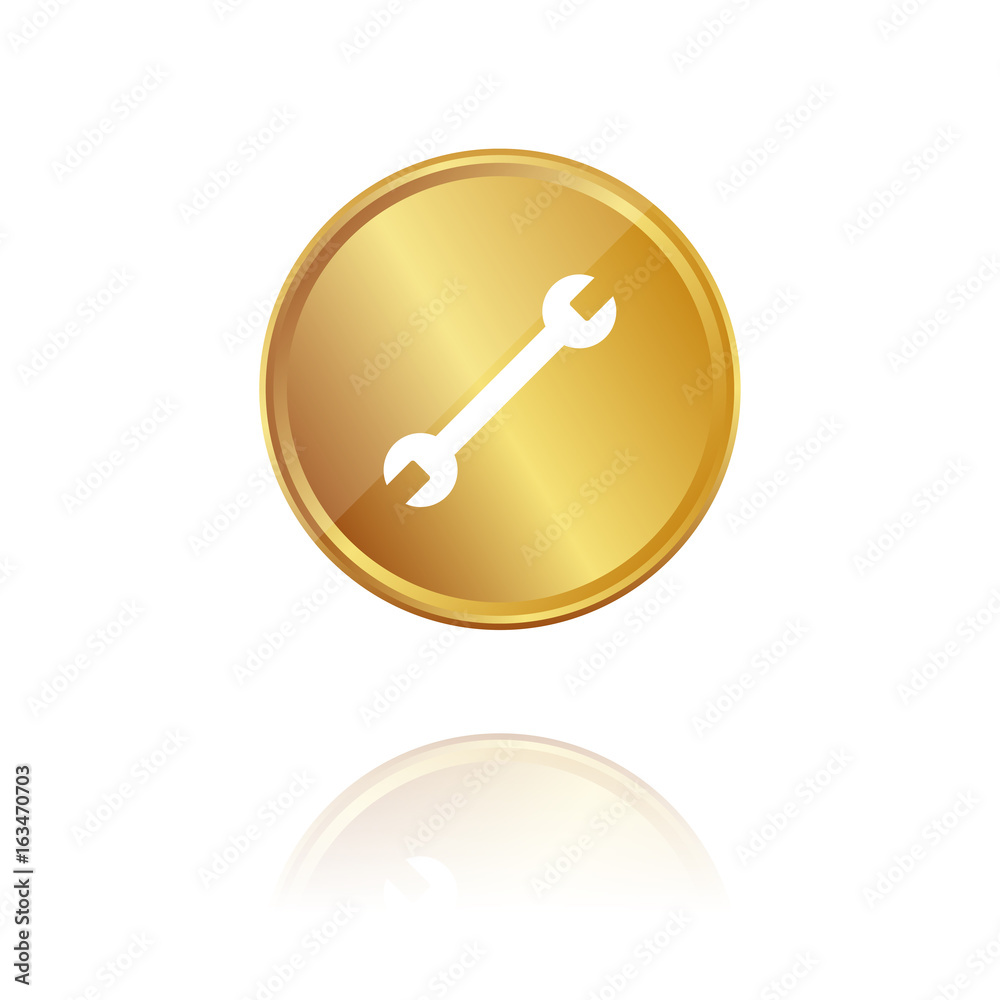 Schraubenschlüssel - Reparatur - Gold Münze mit Reflektion Schraubenschlüssel - Reparatur - Gold Münze mit Reflektion