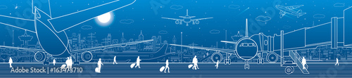 Airport panorama. The plane is on the runway. Aviation transportation infrastructure. Airplane fly, people get on the aircraft. Night city on background, vector design art