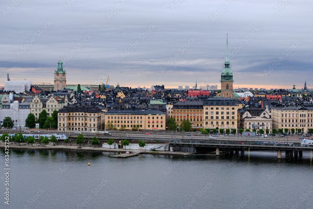 Panorama of Stockholm with two churchs on a cloudy day