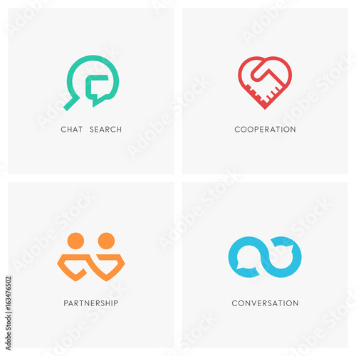 Cooperation logo set. Chat search, handshake, business partners, infinity conversation and heart symbol - partnership, teamwork, dialogue and love icons.