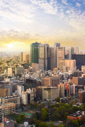 Cityscape of Tokyo, city aerial skyscraper view of office building and downtown of tokyo with sunset / sun rise background. Japan, Asia, Tokyo is metropolis and center of new world's modern busniess