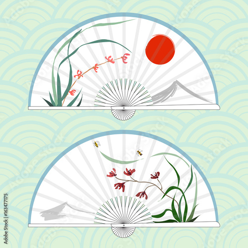 Vector illustration of two Asian folding paper fans.