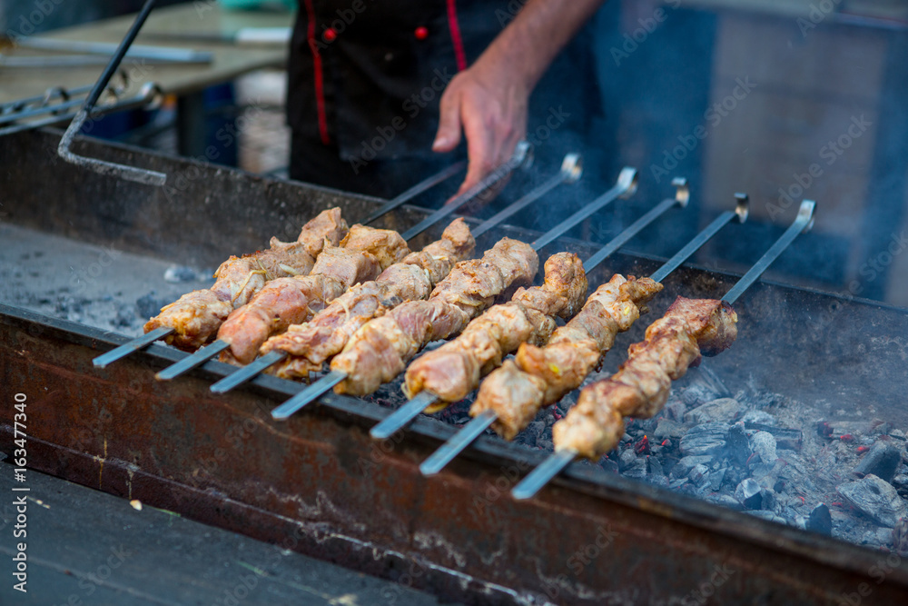 Barbecue. Fried shish kebab from pork meat. Fried chicken meat. Lamb on charcoal Barbecue. Fried shish kebab from pork meat. Fried chicken meat. Lamb on charcoal