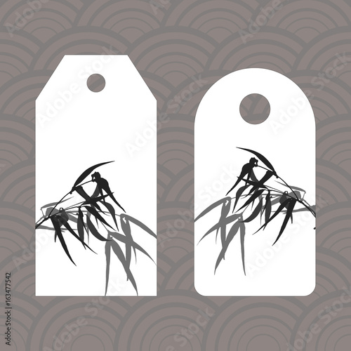 Label, badge, price tag Branches and bamboo leaves. traditional Chinese painting, Japanese ink art sumi-e