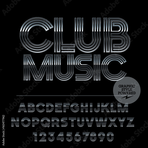 Set of silver alphabet letters, numbers and punctuation symbols. Font contains graphic style. Vector icon with text Club Music