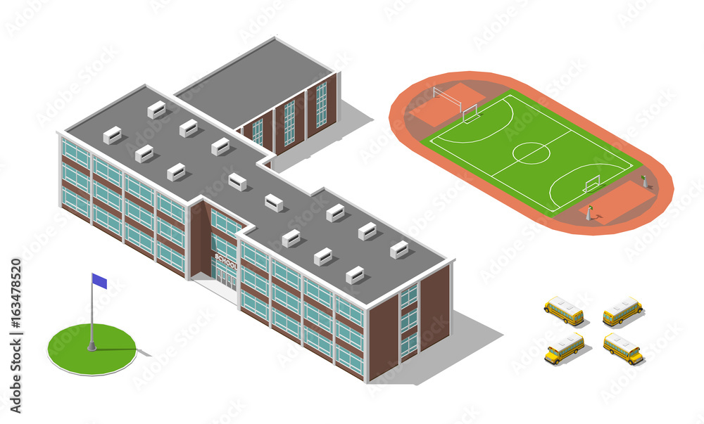 Flat 3d isometric school building, bus, stadium isolated on white. Vector illustration isolated on white. Elements of infographic collection. Flat 3d isometric school building, bus, stadium isolated on white. Vector illustration isolated on white. Elements of infographic collection.