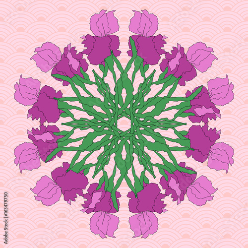 abstract pattern with irises. Hand-drawing illustration. Stylized traditional Chinese painting, Japanese art sumi-e