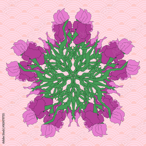 abstract pattern with irises. Hand-drawing illustration. Stylized traditional Chinese painting, Japanese art sumi-e
