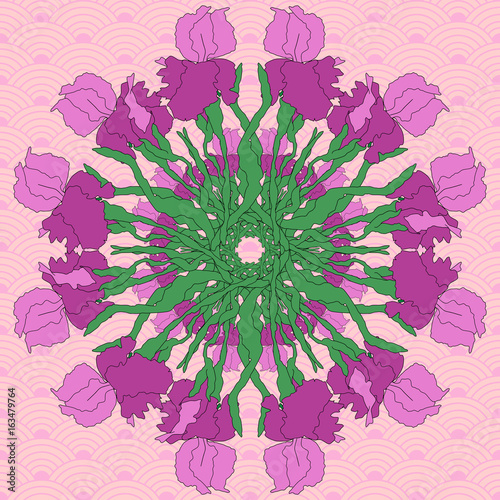 abstract pattern with irises. Hand-drawing illustration. Stylized traditional Chinese painting, Japanese art sumi-e