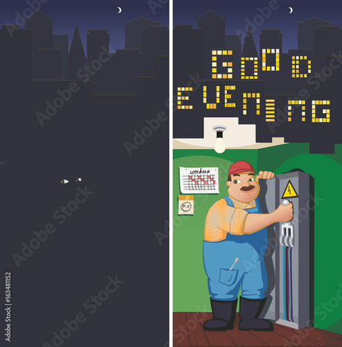 Electrician turns on the light and wishes everyone a good evening