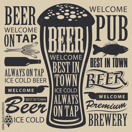 Vector banner for brewery or brasserie with overflowing beer glass and lettering on the beer theme in a retro style on the beige background