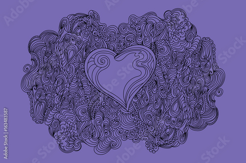 Abstract vector Valentines background with handwritten heart and linear ornament around it. You can use any color of background