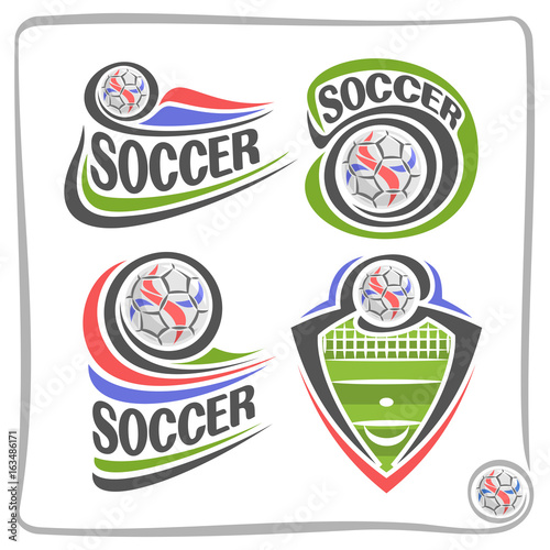 Vector set of abstract logos for Soccer, shield for football club, clip art icons with soccer ball, clipart crest with sports field and goal gate, design badge for soccer academy or school with ball. 