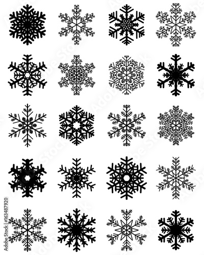 Set of different black snowflakes on a white background