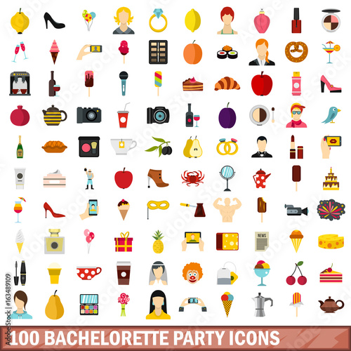 100 bachelorette party icons set, flat style