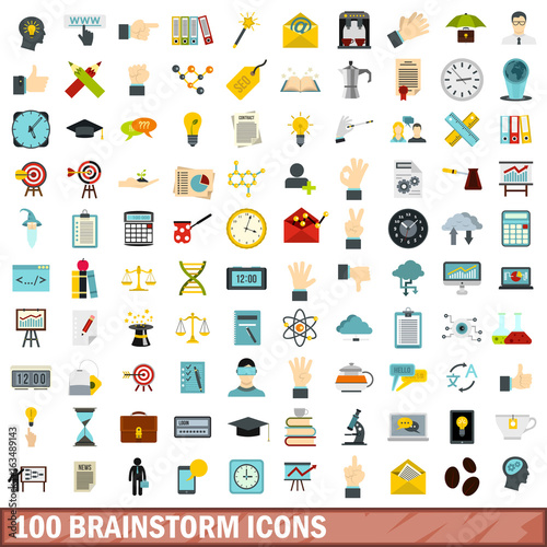 100 brainstorm icons set, flat style
