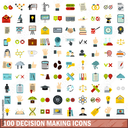 100 decision making icons set, flat style