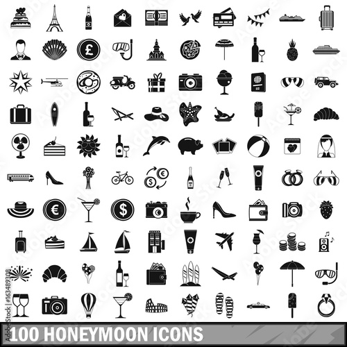 100 honeymoon icons set, simple style 