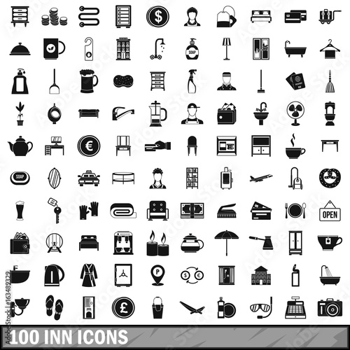 100 inn icons set, simple style 