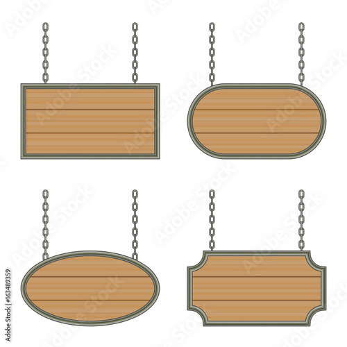 wooden sign with iron frame on the chains. vector