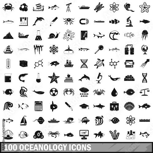 100 oceanology icons set, simple style 