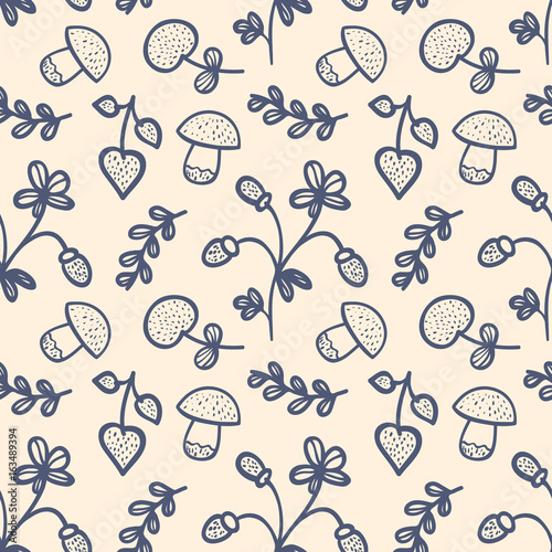 Summer background with berries  mushrooms  flower .branch. Seamless pattern with hand drawn floral doodling.