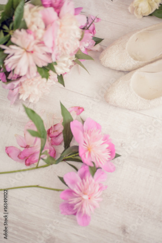 Flowers bouquet pink peone with shoes