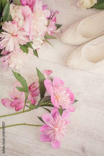 Flowers bouquet pink peone with shoes