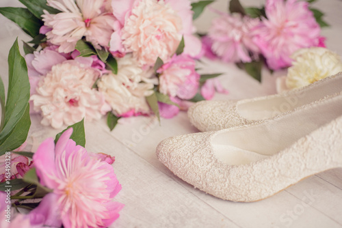 Flowers bouquet pink peone with shoes