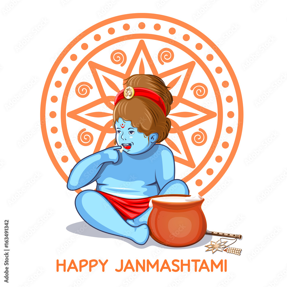 Krishna Janmashtami - Hindu festival. Krishna Makhan Chor - butter thief.  Little cute cartoon Krishna with a pot with butter. Design for posters and  greeting cards. Vector illustration Stock Vector | Adobe Stock