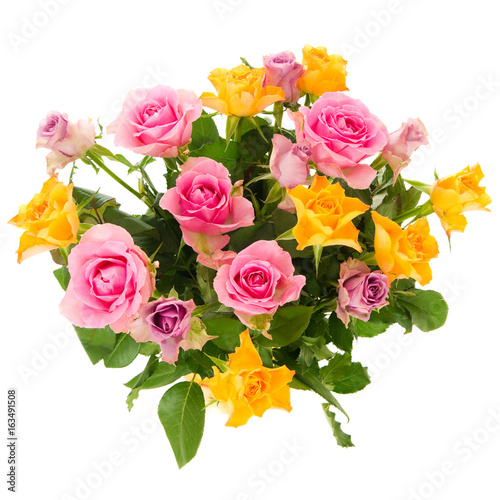 Bouquet of pink and yellow roses on white  1x1 .