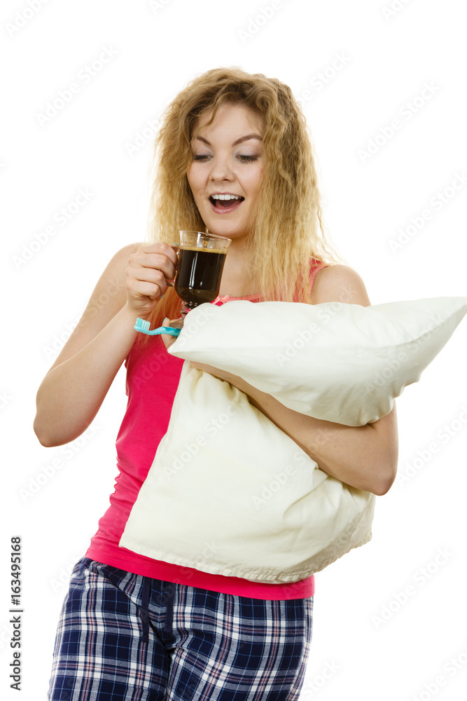 Happy woman holding toothbrush and coffee Happy woman holding toothbrush and coffee