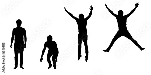 Set of vector silhouettes of jumping young man, isolated on white background