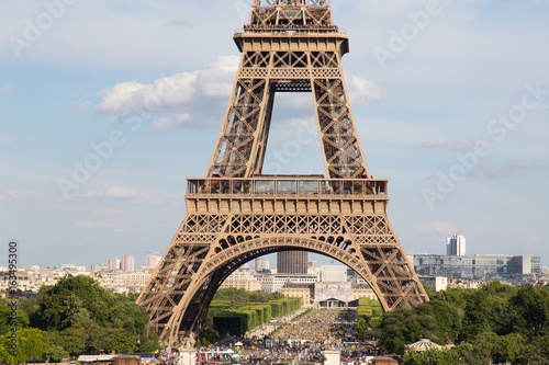View of the Eiffel Tower from Place de Trocadero in Paris, France. The Eiffel Tower was constructed from 1887-1889 as the entrance to the 1889 World's Fair by engineer Gustave Eiffel.