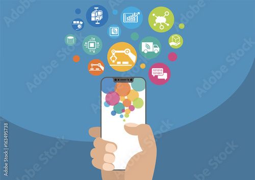 Smart factory vector illustration with icons. Hand holding modern bezel-free / frameless smartphone on blue background