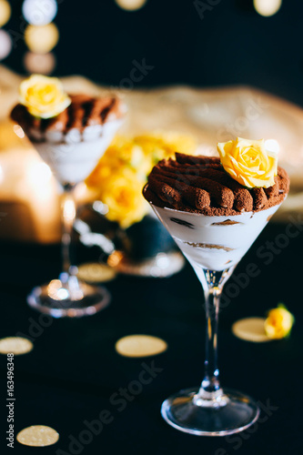 Italian dessert tiramisu in martini glasses at a pajamas party