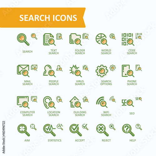 Set of vector illustrations fine line search icons, concept of analysis, search of information, data. 32x32 and 16x16 pixel perfect