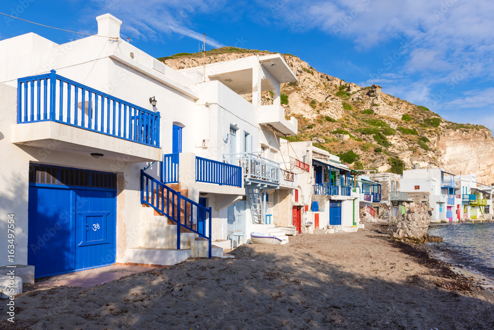 Picturesque village of Klima with traditional colorful houses on Milos Island. Cyclades, Greece.