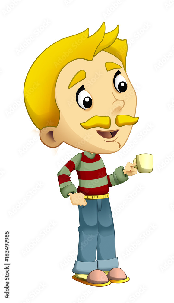 Cartoon man standing with a cup and drinking something - isolated illustration for children Cartoon man standing with a cup and drinking something - isolated illustration for children