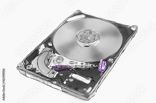 Inside of computer hard disk drive close up HDD not isolated on white background. Raster illustration