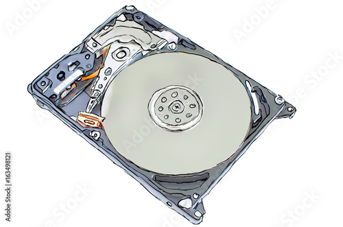 Inside of computer hard disk drive close up HDD isolated on white background. Raster illustration