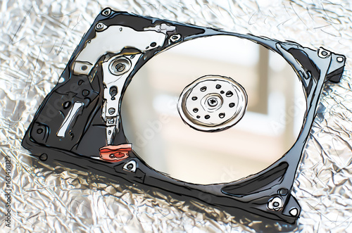 Inside of computer hard disk drive close up HDD. Raster illustration