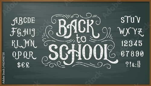 Vector illustration of retro font, capital letters, numbers and symbols written in white chalk on a blackboard. Template, design element for a signboard, advertising