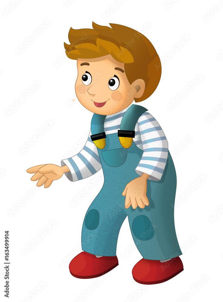 cartoon happy and funny boy standing looking and smiling - isolated illustration for children