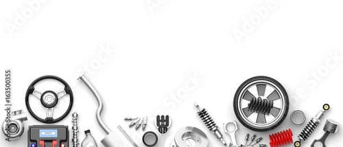 Various car parts and accessories on white background. 3d illustration