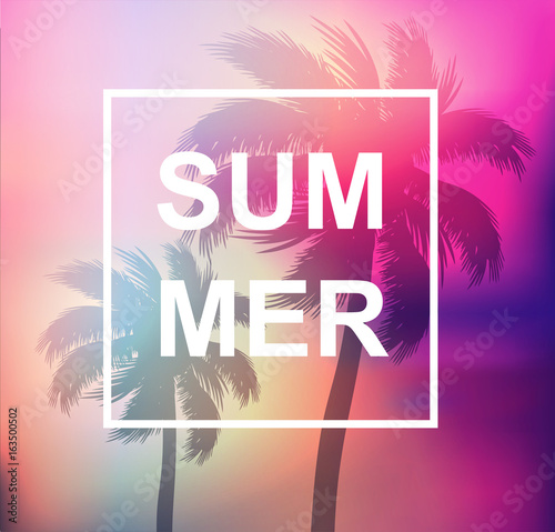 Summer tropical background with palms, sky and sunset