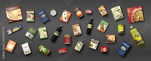 Stampa su tela Collection of packaged food on grey background. 3d illustration